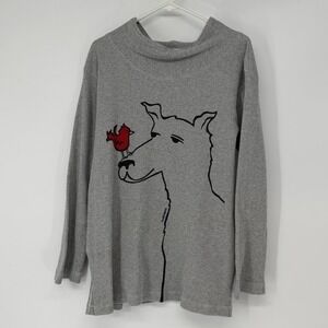 Marushka Gray Waffle Knit Thermal Long Sleeve Shirt Lama Bird Graphic USA Size L